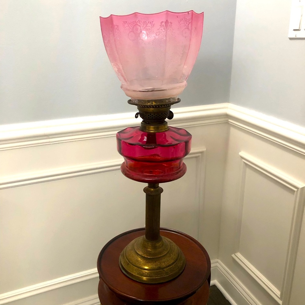 Antique oil lamp cranberry brass bottom and etched glass excellent condition